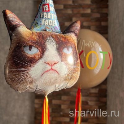 Шар-фигура недовольный кот Grumpy Cat в праздничном колпаке, 73 см