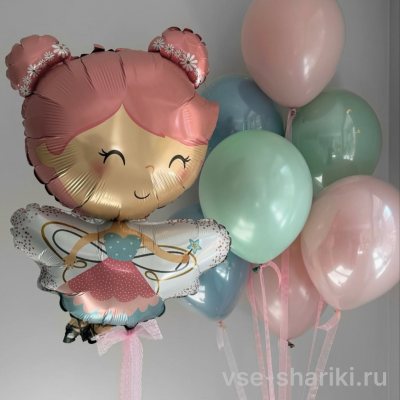 Букет с феей и 7 пастельными шарами: розовый, голубой, мята
