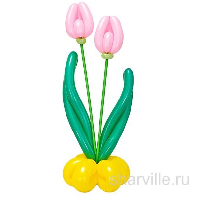Букет из двух тюльпанов из шаров на стойке в жёлто-розово-зелёной гамме