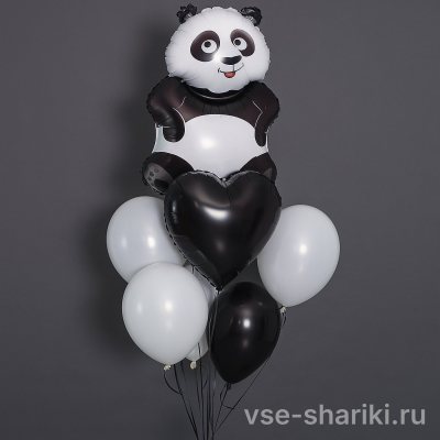 Букет с фольгированной пандой, белой звездой и чёрно-белыми сердцами