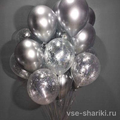 Букет из 17 шаров: серебряный хром и прозрачные с конфетти