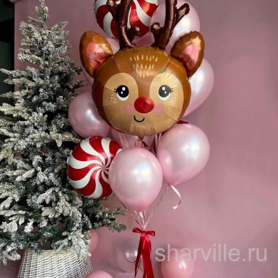 Новогодняя связка 12 шаров: оленёнок Рудольф 61 см, три леденца и розовый хром