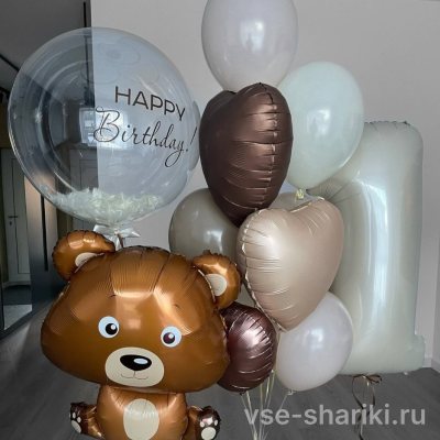 Композиция с медвежонком, баблсом и цифрой в бежево-коричневых тонах