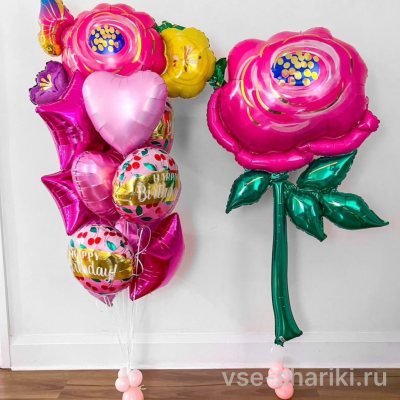 Набор из 12 фольгированных шаров с большой розой