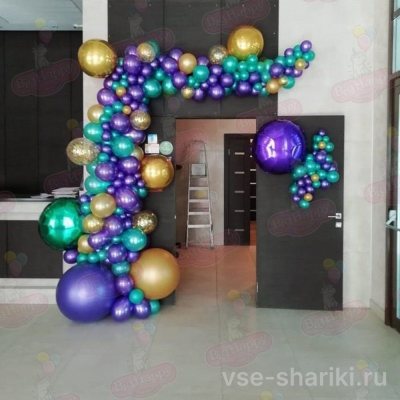 Арка на вход с шарами конфетти, фиолетовый, зелёный, золото