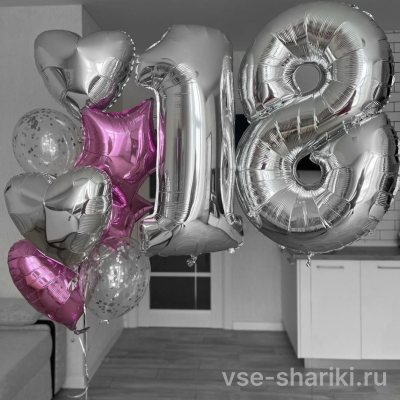 Композиция к 18-летию: цифры, розовые звёзды и три сердца