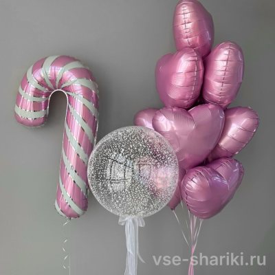 Букет с леденцом-тростью, розовыми сердцами и шаром с конфетти