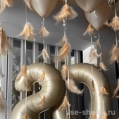 Набор из 10 бежевых шаров с перьями и двух цифр