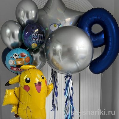 Набор с Пикачу, синей цифрой и серебристыми хром-шарами