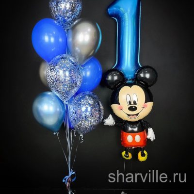 Композиция на годик с Микки Маусом, синей цифрой 1 и фонтаном из шаров