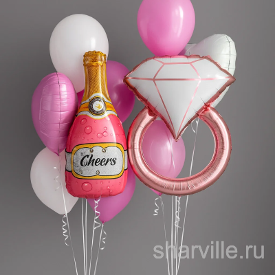 Композиция «Cheers» для девичника: шампанское, кольцо 90 см и розово-белые шары