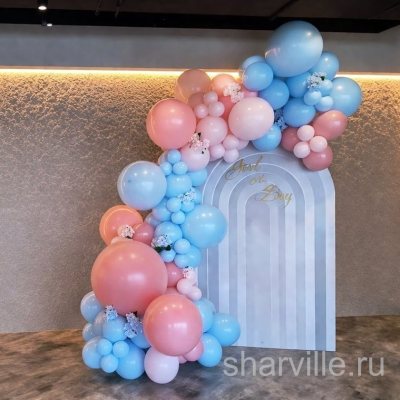 Фотозона-арка из шаров разных размеров в розовом и голубом для гендер-пати
