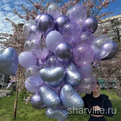 Сиренево-серебристое облако из 50 шаров: хром, конфетти, браш и сердца