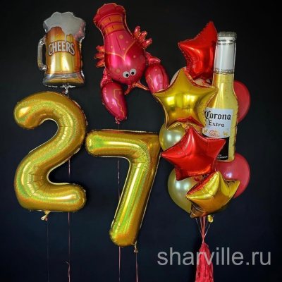 Композиция для мужчины: цифры, пивная кружка, Corona Extra и лобстер