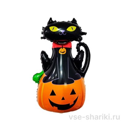 Фигура чёрной кошки на тыкве из фольги, 97 см