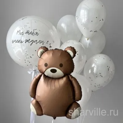 Композиция для малыша: фольгированный мишка и белые шары дабл стафф