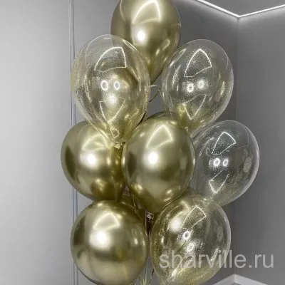 Золотой фонтан из 10 шаров: 6 хромированных и 4 с конфетти