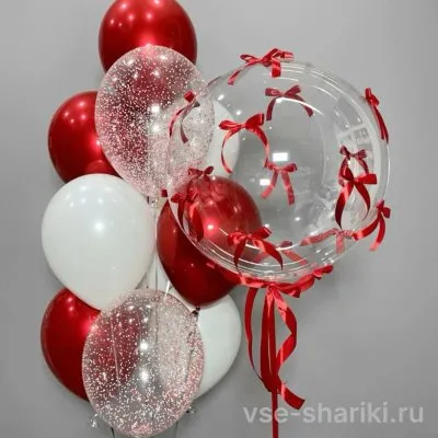Композиция: баблс с красными бантами и красно-белый фонтан
