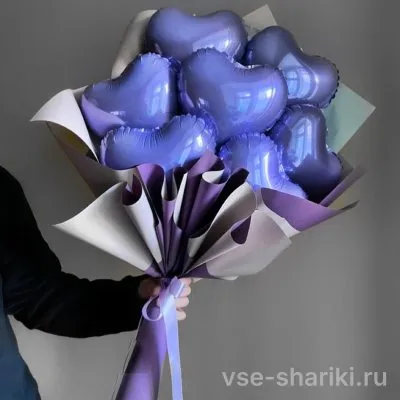Букет из семи фольгированных сердечек фиолетового цвета