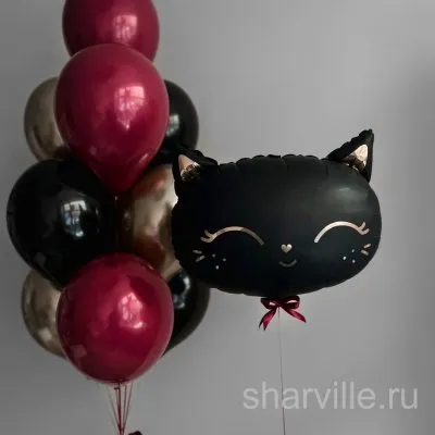 Фонтан из 11 шаров с чёрной кошкой 48 см: бордо, золото и чёрный цвет