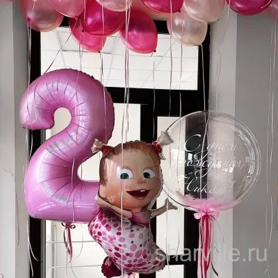 Композиция Маша с хвостиками, цифра, баблс с вашей надписью и 16 шаров
