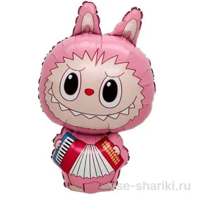 Фигура розового Лабубу с гармошкой на воздухе