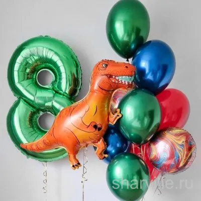 Композиция с динозавром, цифрой, 3D-сферами и фонтаном из 9 шаров