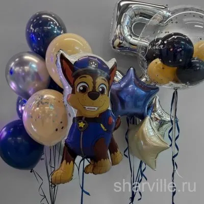 Композиция на 5 лет с Чейзом из «Щенячьего патруля»: цифра, баблс и три звезды