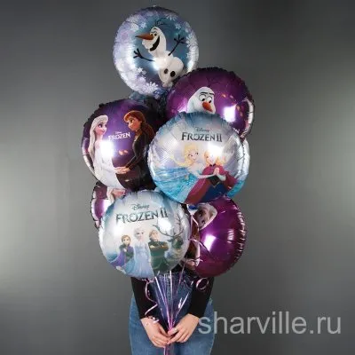 Фольгированный шар-круг 45 см с Эльзой, Анной, Олафом и героями «Холодного сердца»