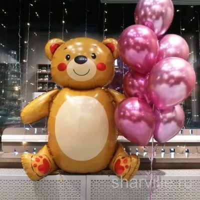 Сидящий 3D-мишка 147 см из фольги и фонтан из 7 розовых шаров хром