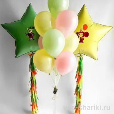 Композиция с Чебурашкой и Геной на звёздах и пастельным фонтаном