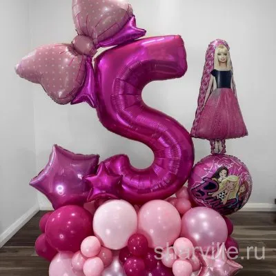 Композиция из шаров: большой бант и фольгированная цифра 5 в стиле Барби