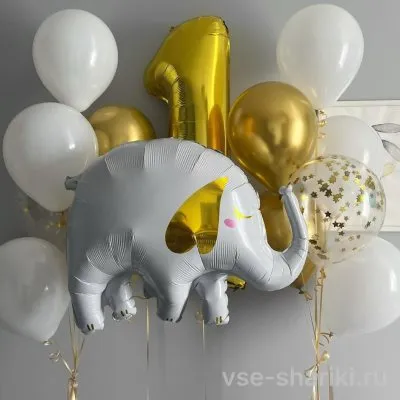 Композиция на годик со слоником, золотой цифрой и двумя фонтанами