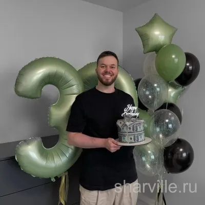 Композиция из двух оливковых цифр 90 см, звёзд и прозрачных шаров с конфетти