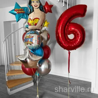 Фонтан с Чудо-женщиной, цифрой 90 см и шаром «Have a Super Birthday»
