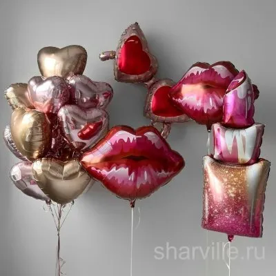 Набор из 15 фольгированных шаров: губы, помада, очки Love и 11 сердец