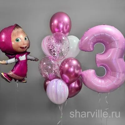 Розовая связка из 10 шаров с Машей и Медведем и цифрой для девочки