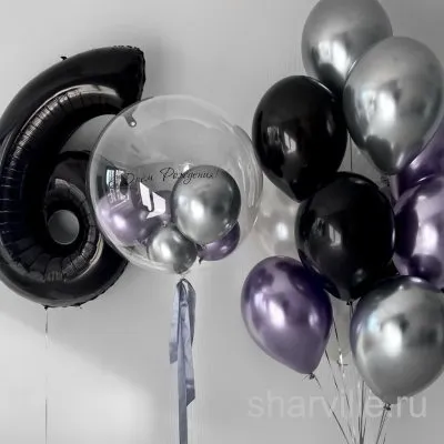 Набор с цифрой, баблсом и фонтаном в чёрном, серебристом и фиолетовом цветах