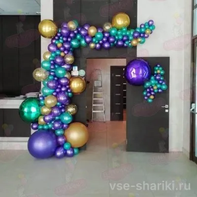 Арка на вход с шарами конфетти, фиолетовый, зелёный, золото