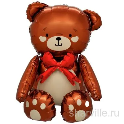 Коричневый мишка из фольги с красным бантом на шее, 71 см