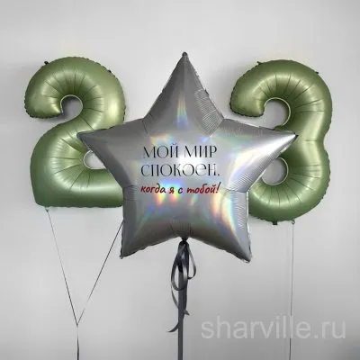 Композиция из цифр 23 по 90 см и звезды 70 см с надписью, зелёная с серебром