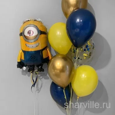 Фонтан из 8 шаров хром и конфетти с фольгированным миньоном, синий с золотом