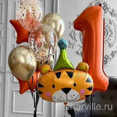 Фонтан с тигрёнком 81 см в колпаке, цифрой и семью шарами в оранжевом и золотом