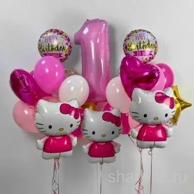 Композиция из 24 шаров: три фигуры Hello Kitty, цифра и шары с конфетти
