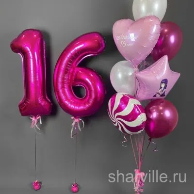 Розовая связка на 16 лет: цифры 1 и 6 цвета фуксии, звезда и шар с надписью