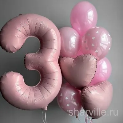 Розовый фонтан с цифрой 3, двумя сердцами из фольги и шестью латексными шарами