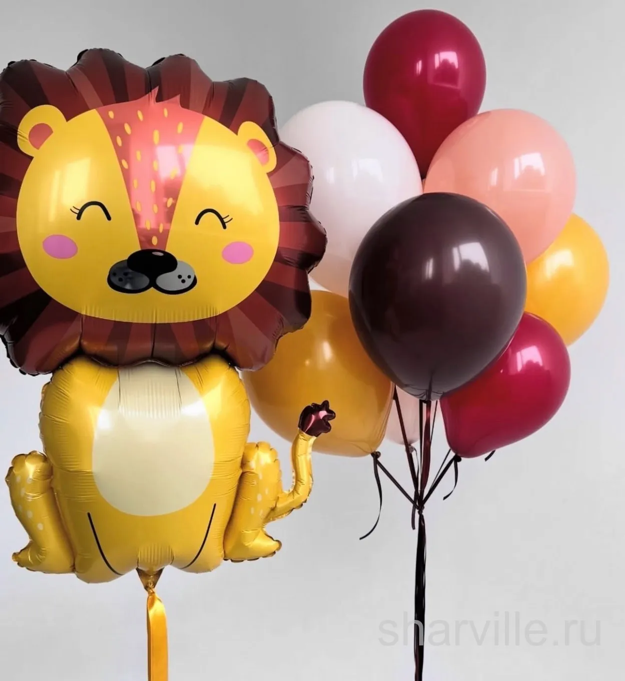 Яркий фонтан из 9 шаров: львёнок из фольги и 8 однотонных шаров по 30 см
