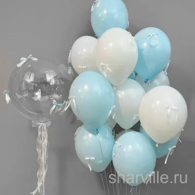 Гелиевое облако из 14 шаров в бело-голубой гамме с бантами и Bubbles