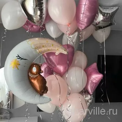 Набор из 23 шаров: мишка на месяце, фонтан и шары под потолок для девочки