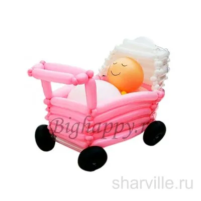 Коляска из длинных шаров с цветком, бело-розовая, для выписки малыша